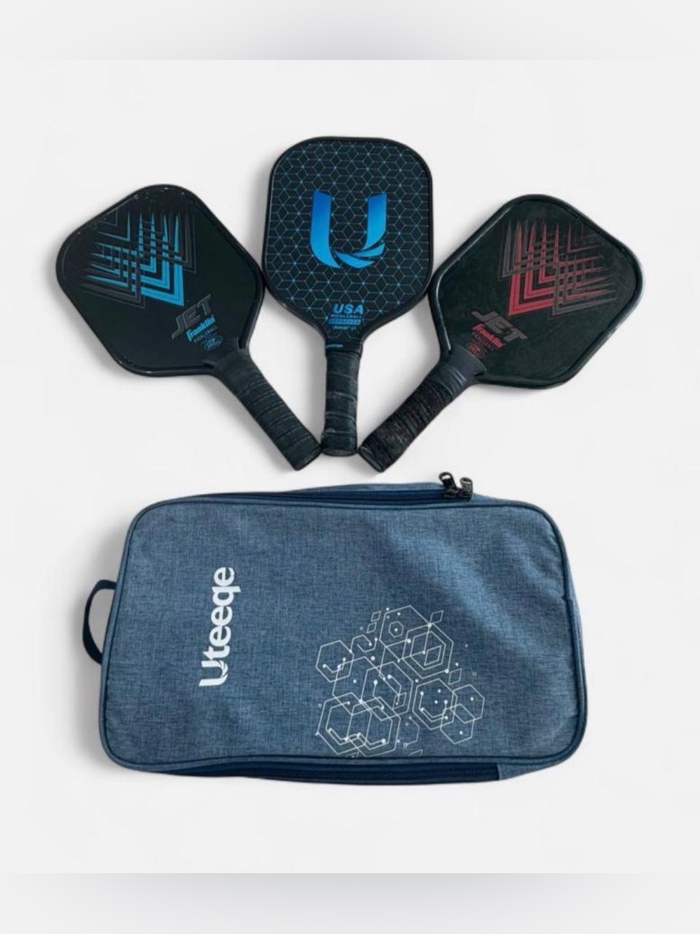 Franklin and Uteeqe Pickleball Paddle Set with Blue Carry Case.